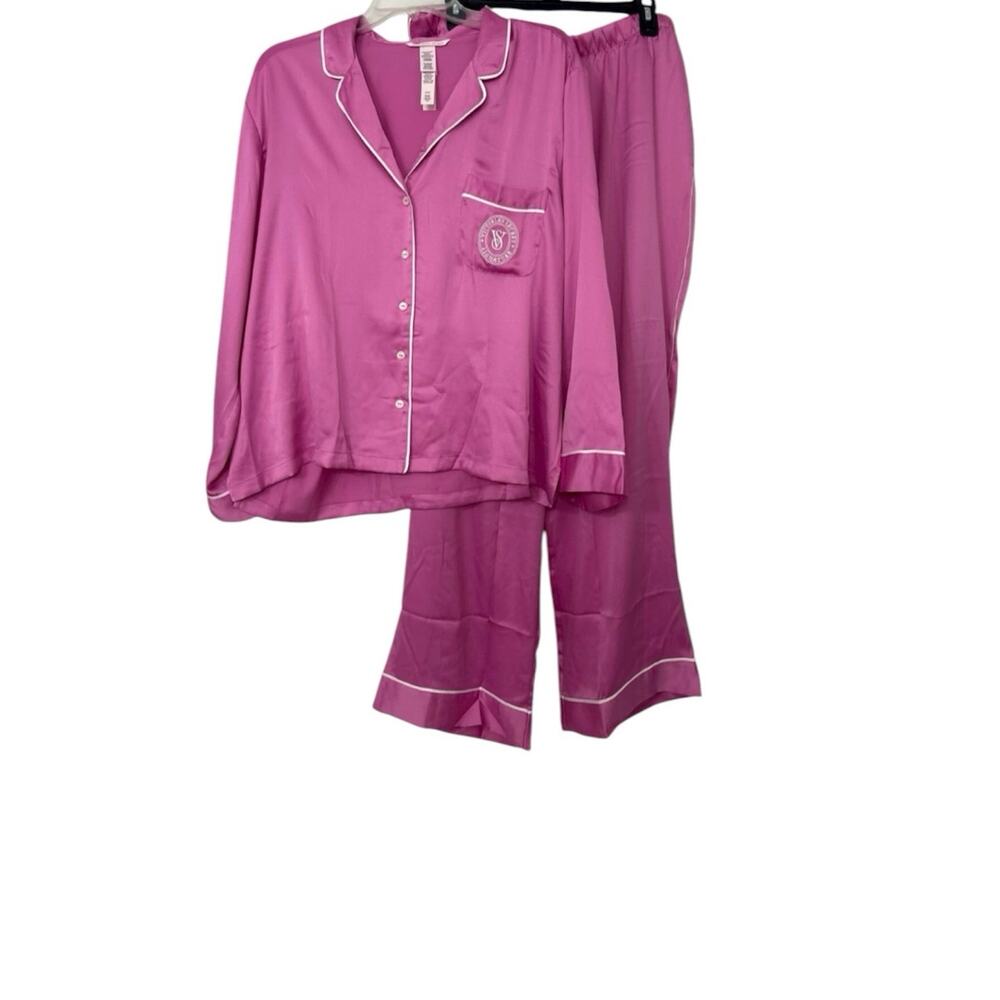 Victorias Secret Signature Fuchsia Pink Satin Long Pajama Set NWT XL  Lounge